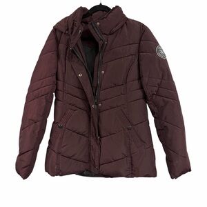 Madden Girl Burgundy Puffer Jacket Women Hooded Quilted Coat Winter Zip Snap